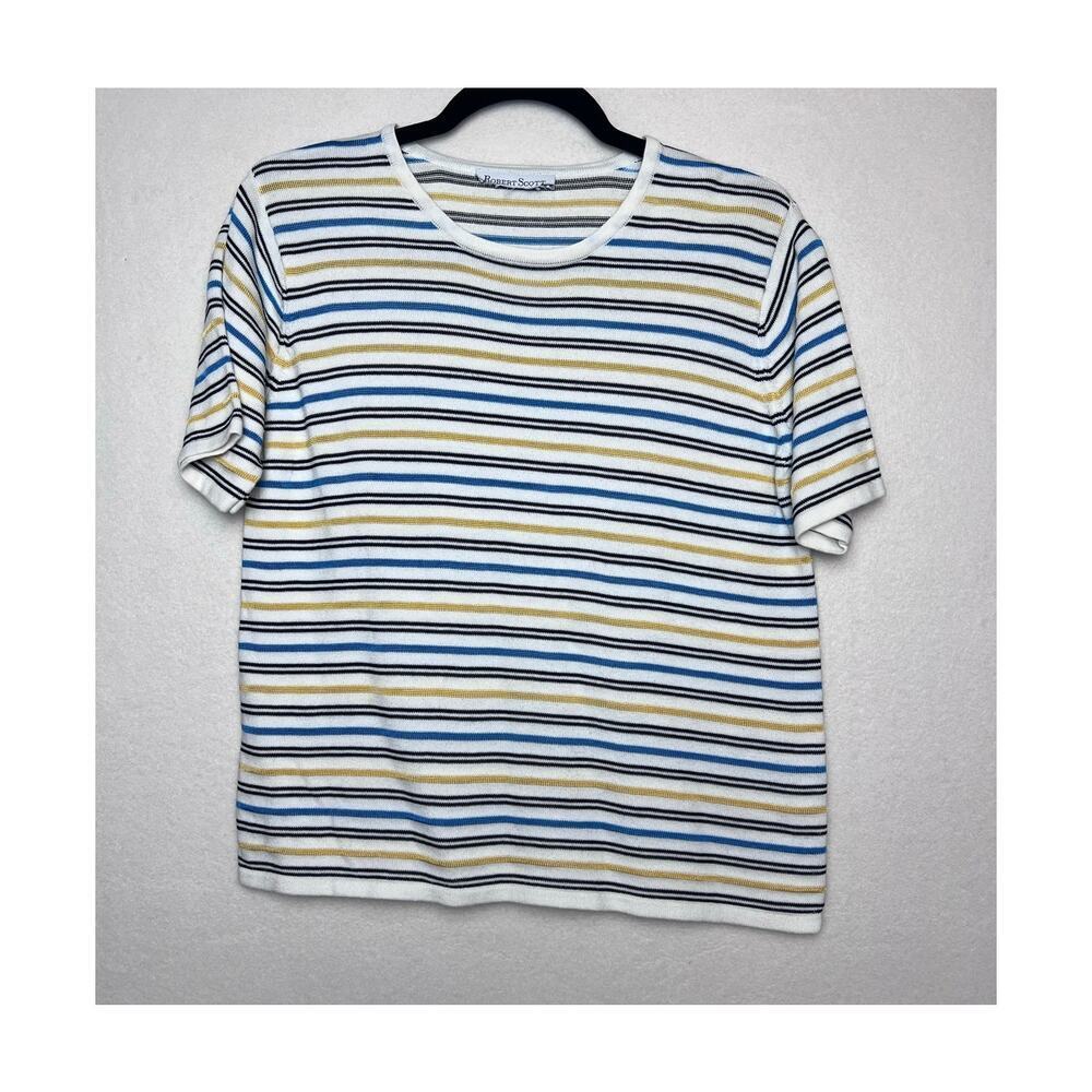 Robert Scott Women's Short Sleeve Striped Blue Yellow Shirt READ DESCRIPTION